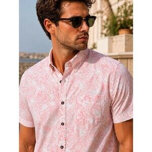 Across The Pond Shirt Mens XL Pink Floral Tropical Hawaiian Resort Button Up NWT